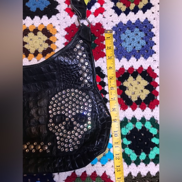 KurtMen design Black Rhinestone Skull textured Handbag Purse Halloween Luxury - Picture 14 of 15